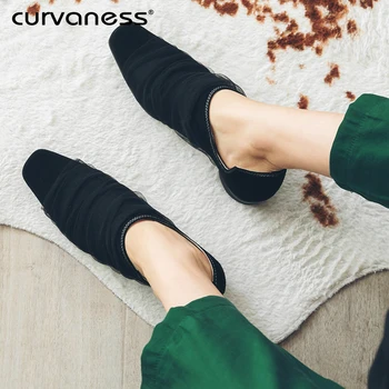 

Curvaness 2019 Spring New Square Toe Retro Roman Style Women's Flat Shoes Sheepskin Suede Mesh Lace Non-slip Casual Shoes Black