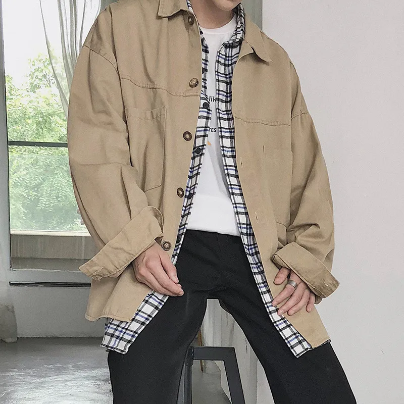 Turn-down Collar Curved Hem Oversized Shirt Men 2018 Autumn High Street Loose Style Men's Shirt Black Green