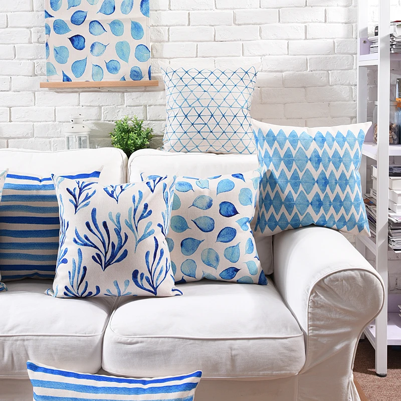 Blue Ocean Cotton Linen Pillowcase Mediterranean Creative Sofa Cushion Decorative Pillow
