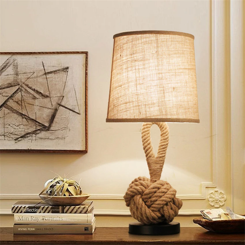 

American Creative Hemp Rope LED Table lamp for bedroom living room,Retro bedside Cloth Lampshade Table light Deco Home lighting