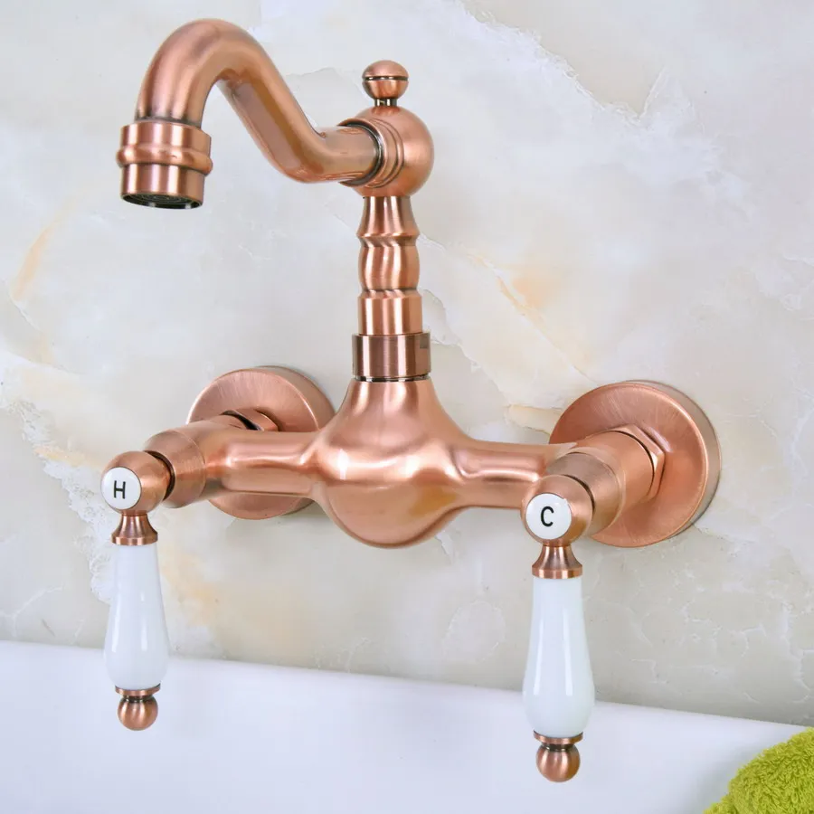 Antique Red Copper Brass Wall Mounted Bathroom Kitchen Sink Faucet Swivel Spout Mixer Tap Dual Ceramics Handles Levers anf949