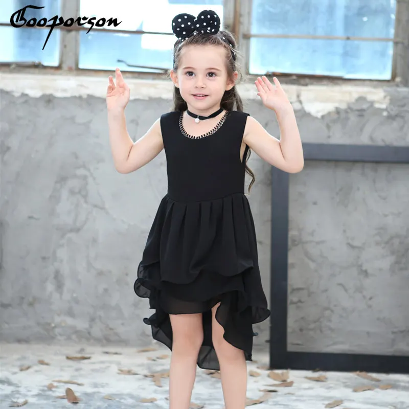 Girls Dress Sleeveless Summer Chiffon Black Kids Dress With V Back