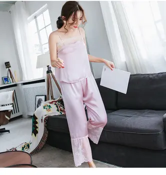 

Summer New Womens Silk Pajamas Set 2 Pieces Soft Sexy V-Neck Rayon Strap Sleeveless Sleepwear Pyjama Femme