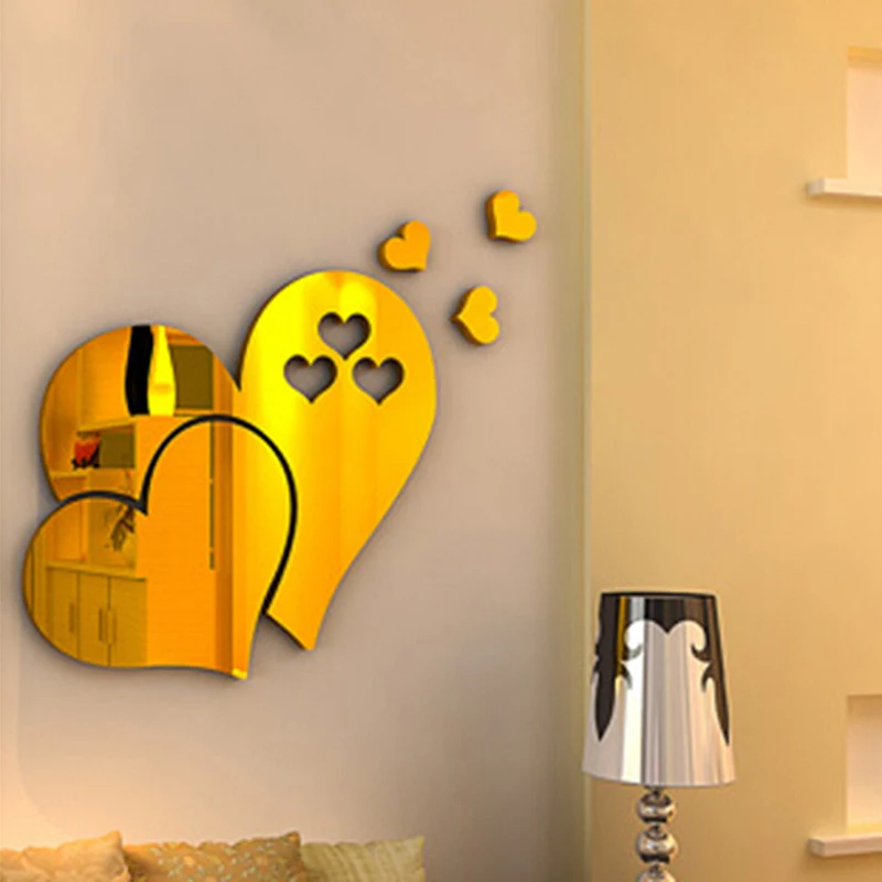 New 3D Love Heart Mirror Wall Stickers Self adhesive Mirror Stickers