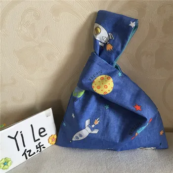 

YILE Handmade Cotton Linen Wrap Knot Handbag Coin Phone Bag Space Ship Blue base 8415k