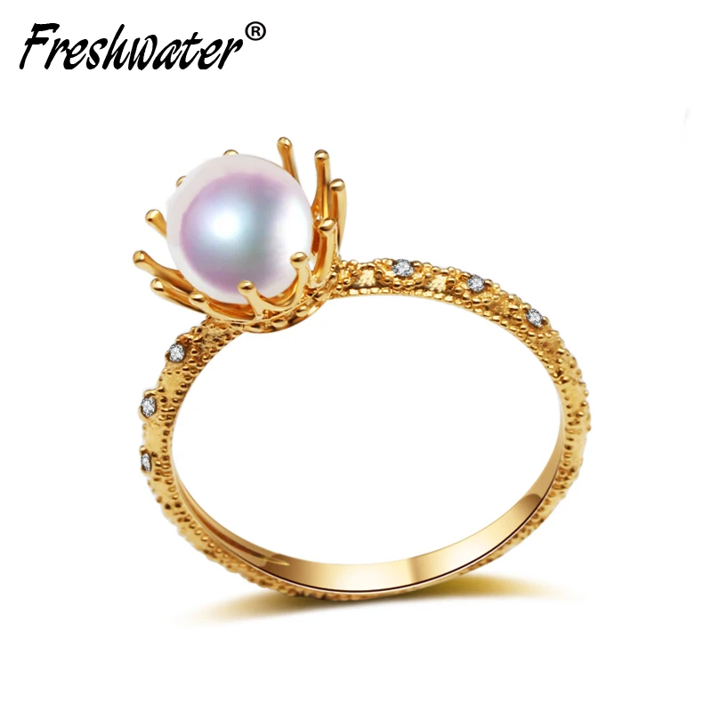 

Genuine 18k gold ring with natural akoya pearl,round pearl ring anniversary gift for women