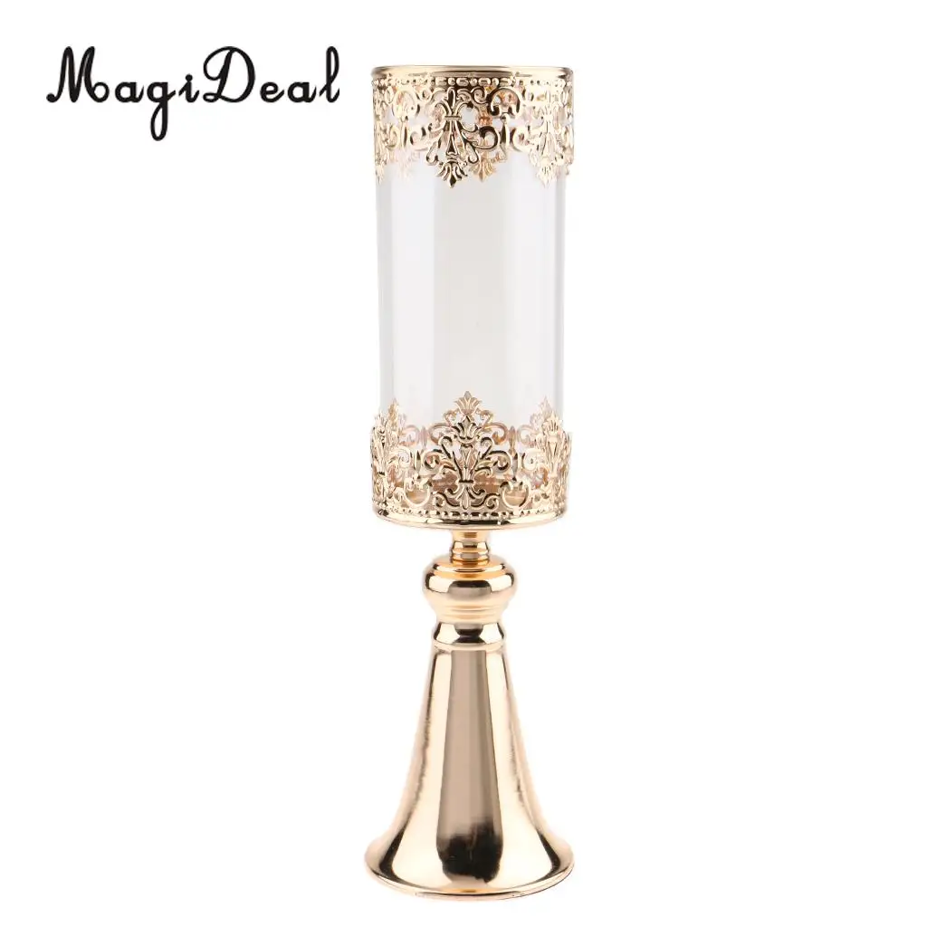 Antique Gold Metal Pedestal Candle Holder with Glass Flower Vase Crystal Draped Pillar Stand Accent Display Ornament Gift