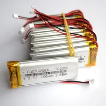 10 sztuk/partia JST 1.25mm 2 pin 3.7V 700mAh 702050 litowo-polimerowa LiPo akumulator do Mp3 DVR PAD DVD bluetooth camera