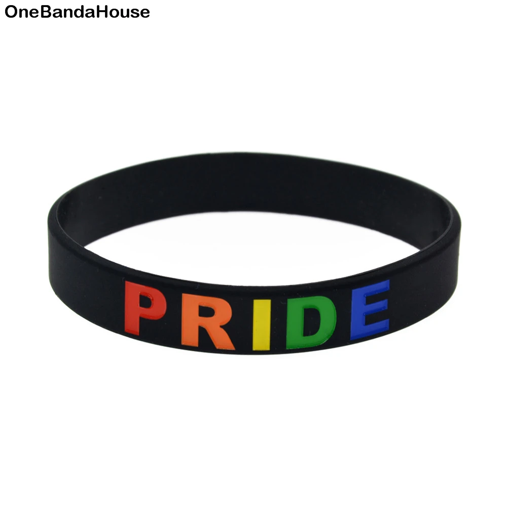 

OneBandaHouse 50PCS/Lot Rainbow Colour Logo Decoration Bracelet Pride Silicone Wristband Black Adult Size