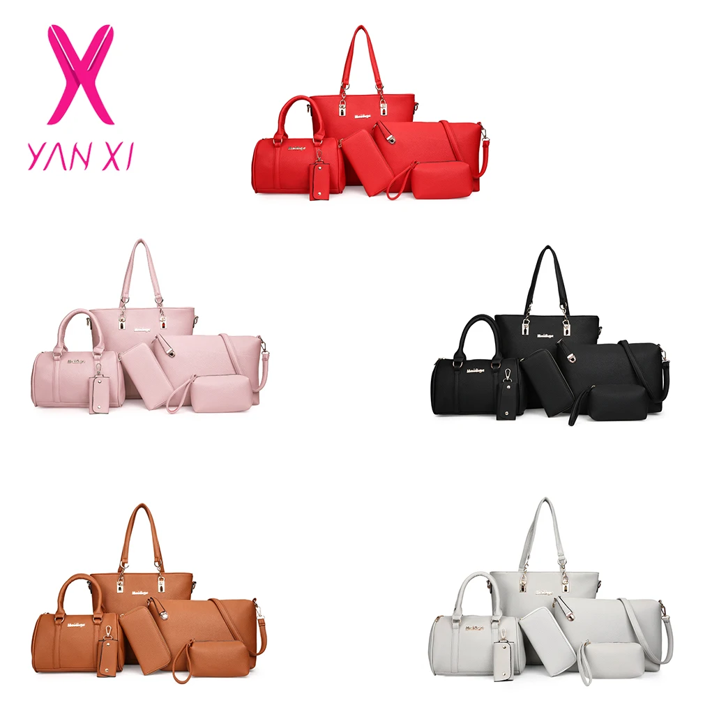 6 قطعة/المجموعة بو الجلود حقائب النساء حقيبة وردية مجموعة الماركات الكتف حقيبة الأعلى مقبض Crossbody أكياس مخلب حقيبة Womens'Pouch 5 ألوان