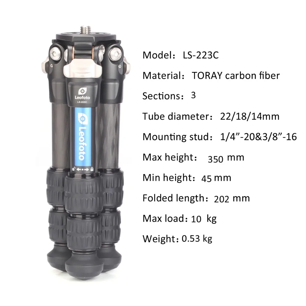 LS-223C Mini Carbon Fiber Tripod Lightweight Portable Travel Compact 3 Sections DSLR Tripod for Canon Nikon Sony Camera
