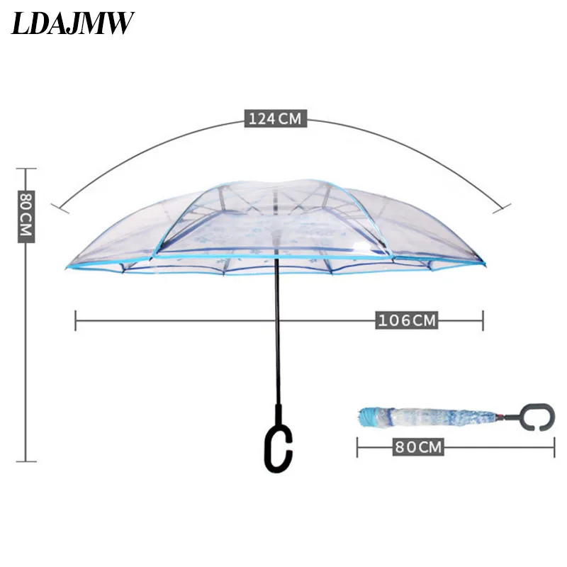 LDAJWM прозрачный обратный зонтик, двойной слой, цветущая вишня, перевернутый зонтик, дождевик для женщин, c-крюк, Ветрозащитный складной зонтик