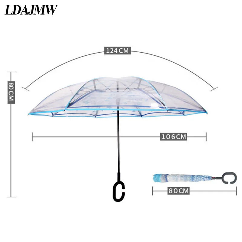 Online LDAJWM Transparent Reverse Regenschirm Doppel Schicht Kirschblüten Invertiert Regenschirm Regen Frauen C Haken Winddicht Faltung Sonnenschirm