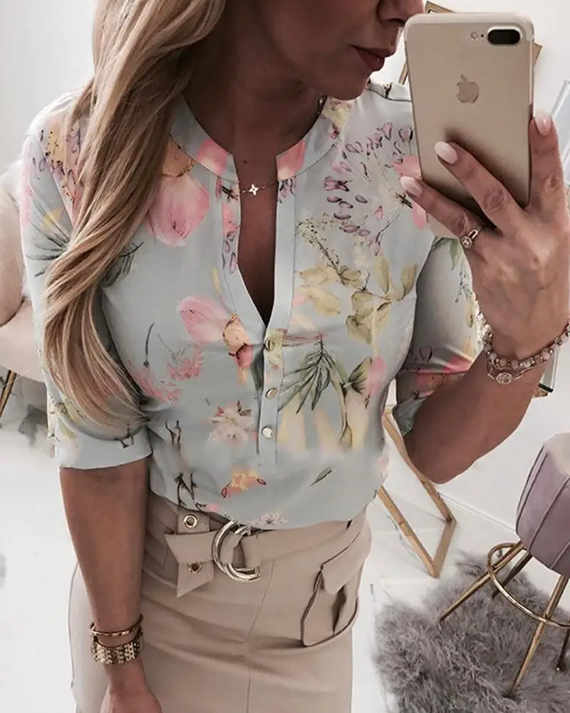 

2019 New Arrival Floral Print Shirts Women V-neck Formal Tops Women Three-quarter Sleeve Tops and Blouses Ladies Casual Tops