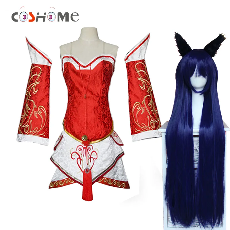 Coshome LOL Ahri Cosplay Costumes The Nine-Tailed Fox Red Dress Women Adults Tops Skirts Wigs Set