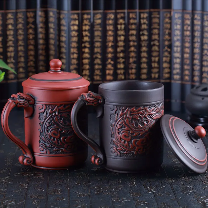 

1PCS China Style 500ml Purple Clay Large Tea Cups Classical Ceramic Double Color Embossed Dragon And Phoenix Tea Cup