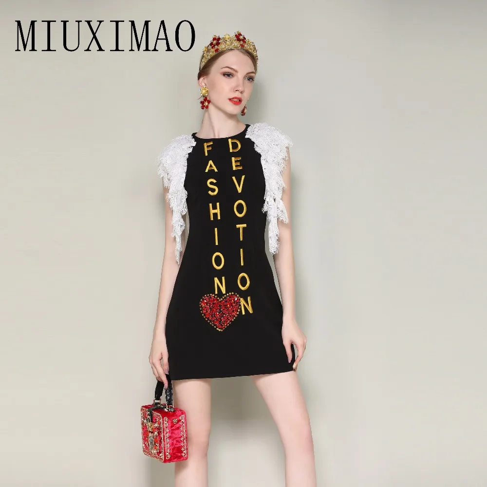 

2018 Summer & Spring Newest Arrival A-Line O-Neck Sleeveless Tank Letter Printed Lace Embroidery Above Knee Mini Dress Women