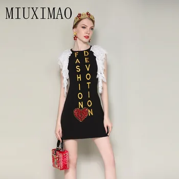 

2018 Summer & Spring Newest Arrival A-Line O-Neck Sleeveless Tank Letter Printed Lace Embroidery Above Knee Mini Dress Women