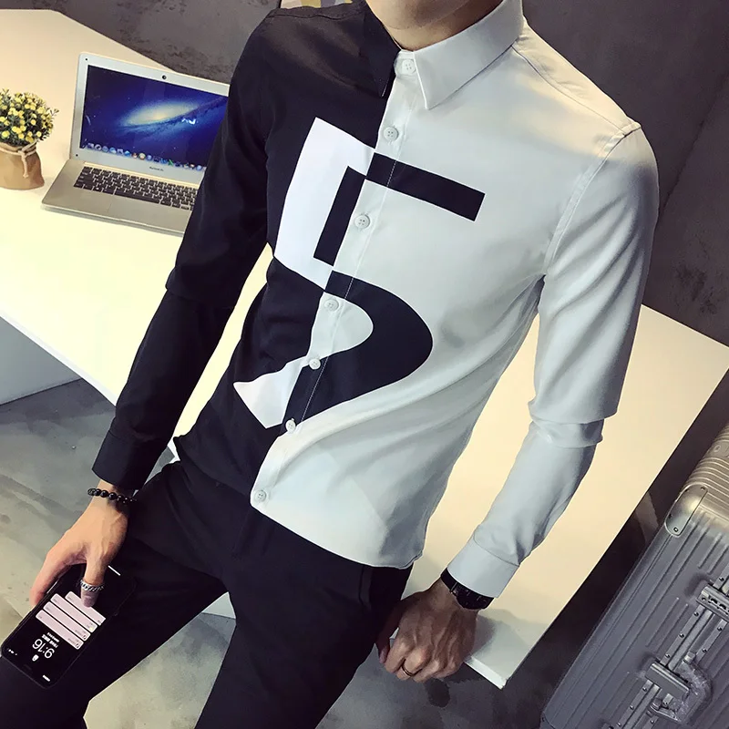 

Number Print Male Shirts Contrast Black White Patchwork Color Night Club Prom Blouses Korean Shirt Men Slim Fit Long Sleeve