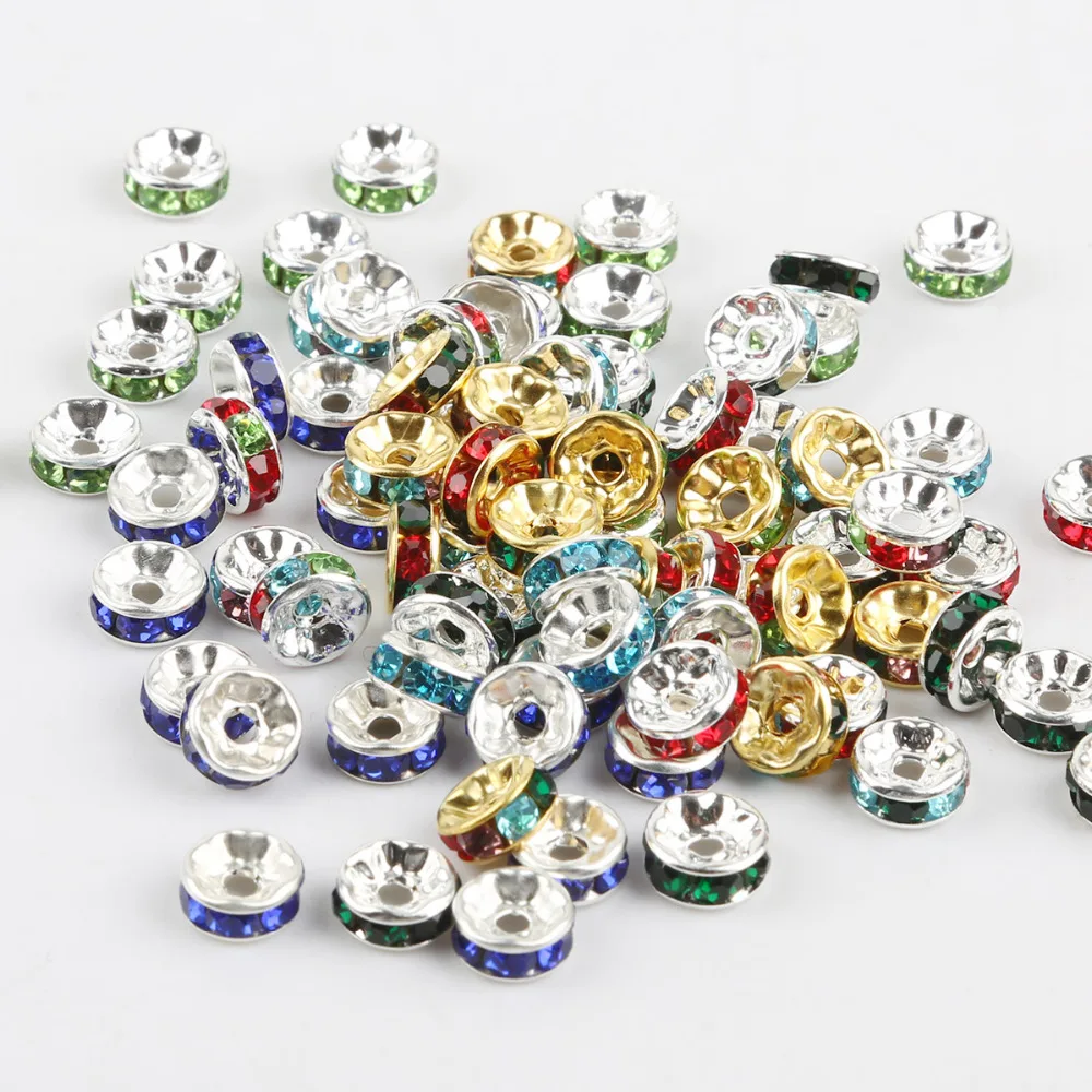 

50pcs Gold Silver Color Rhinestone Rondelles Crystal Bead Loose Spacer Beads Handmade Garment/Bags Decoration DIY Craft Supplies