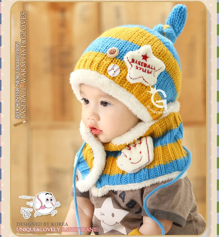Doitbest/Корейские вязаные меховые шапки в полоску с пятиконечной звездой для мальчиков от 1 до 4 лет, зимний однотонный комплект из 2 предметов, шарф и шапка для маленьких девочек