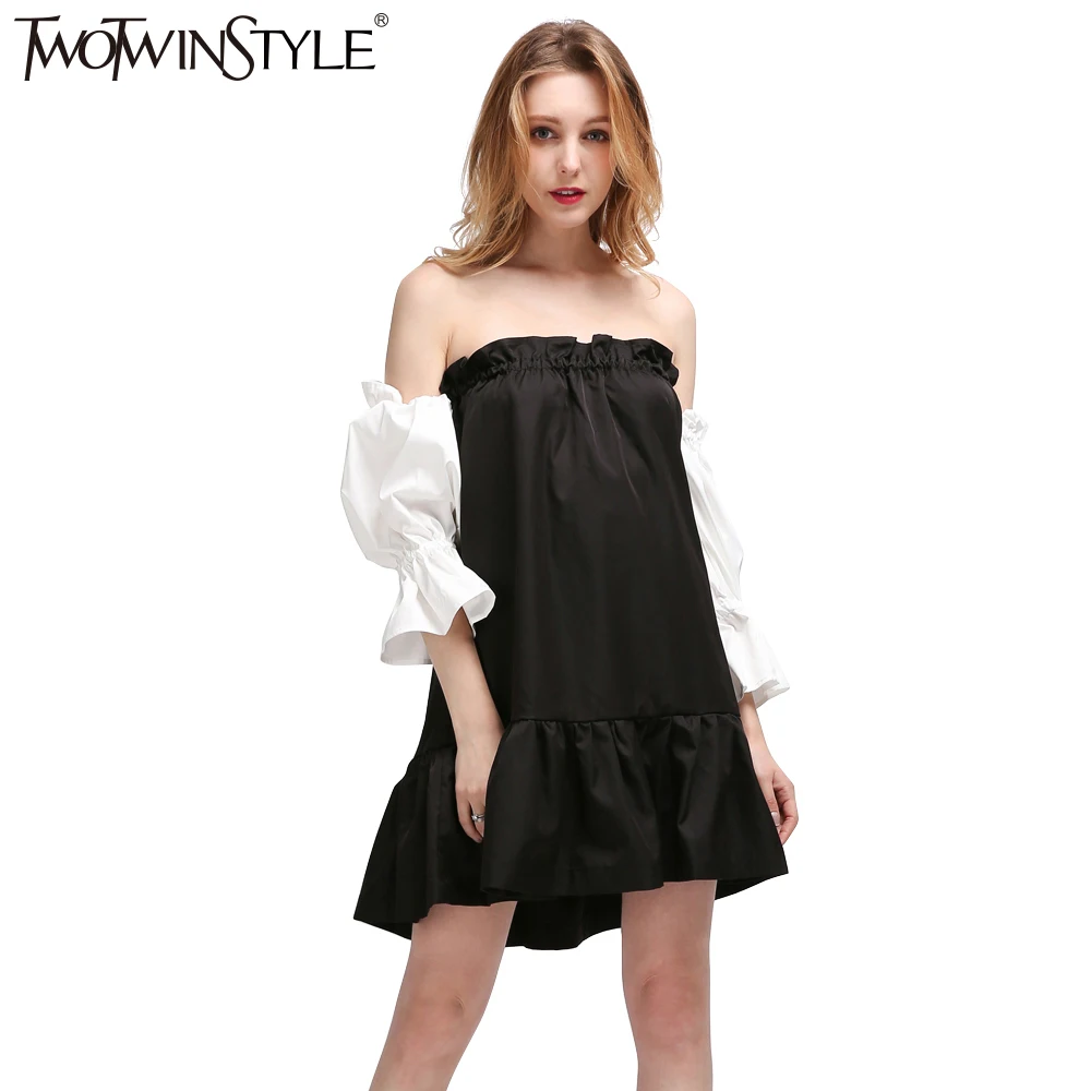 

[TWOTWINSTYLE] 2019 black hit white ruffles sleeve off the shoulder slash collar princess pleated dress women new