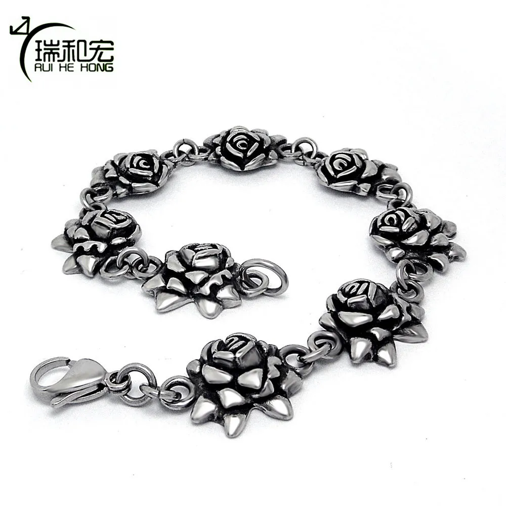 

Vintage Rose Do Old Process Black Titanium Steel cast Bracelet for Women Gothic Style Jewelry 21cm Length Adjustable