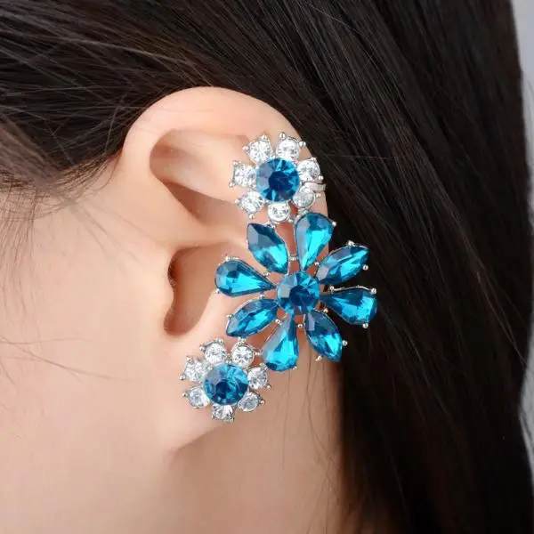 

Fashion Crystal Flower Clip On Earring 2017 Punk Rhinestone Women Ear Wrap Cuff Earrings 1psc Left ear