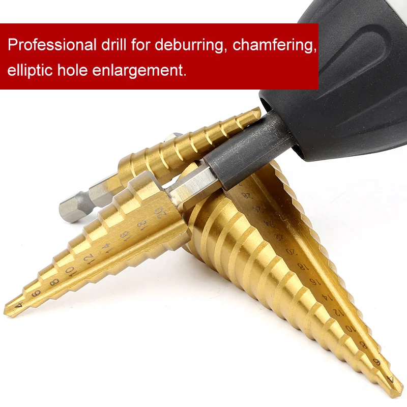 3 Pcs Stepped Drill Bits Hex Shank HSS Titanium Coated Straight Flute Pagoda wood tool hand drill bits brocas para metal 3 Pcs Stepped Drill Bits Hex Shank HSS Titanium Coated Straight Flute Pagoda wood tool hand drill bits brocas para metal