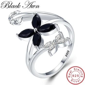 

[BLACK AWN] Cute 925 Sterling Silver Jewelry Zircon Flower Elegant Wedding Rings for Women Black Spinel Girl's Finger Ring G055