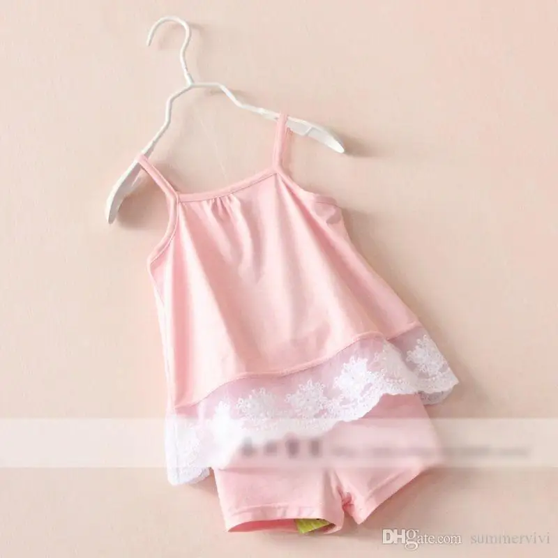  Fashion Europe and America style children outfits Suits grils sleeveless camisole lace tops Pure color shorts sets kids clothing ZAO481
