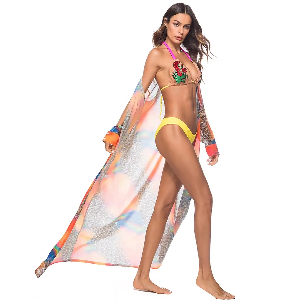 Шифоновый длинный кардиган бикини с принтом, летний женский купальник, кафтан, Пляжное платье, парео, Пляжная накидка