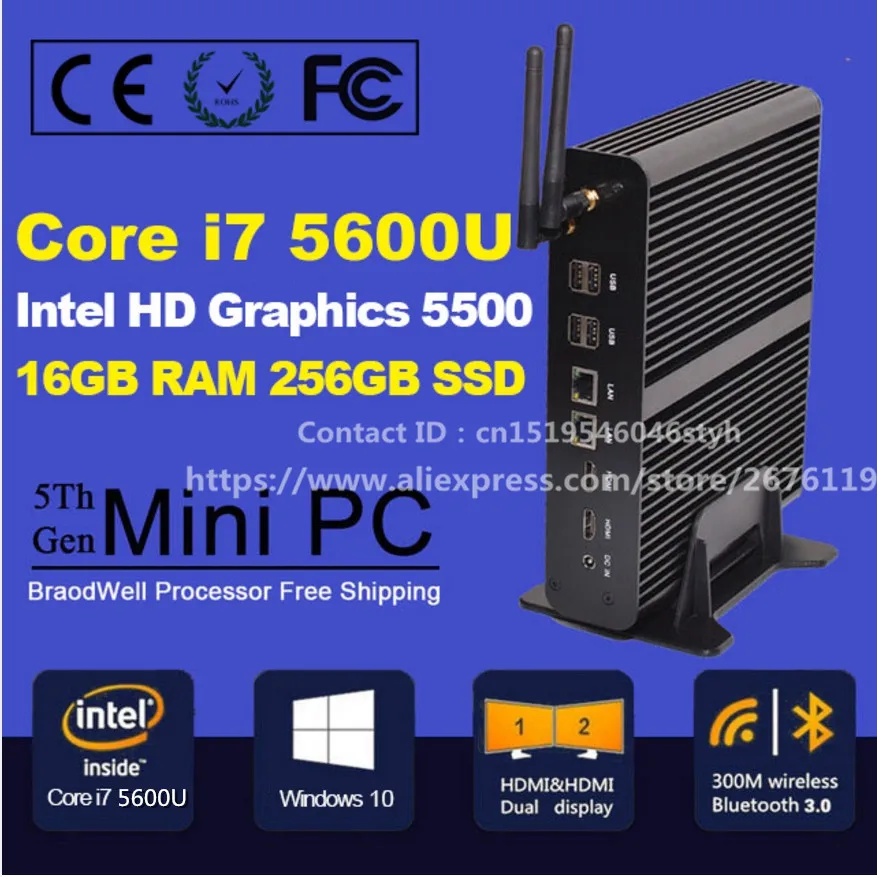 Core i7 5600U i7 4650U i7 4500U in Mini pc Windows10 HTPC Intel Nuc Fanless Computer Broadwell Graphics Iris HD 5500 with Wifi