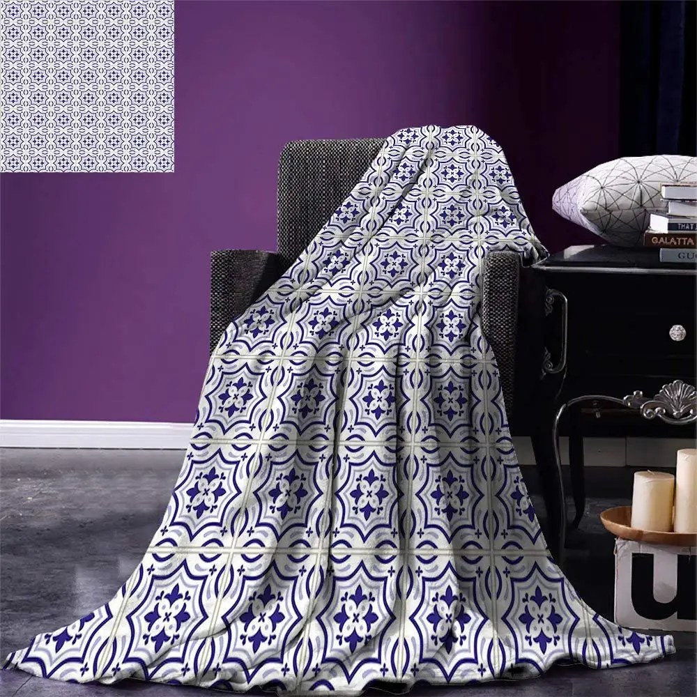 

Navy Blue Throw Blanket Portuguese Tile Design Traditional Azulejo Retro Style Mosaic Warm Microfiber Blankets for Beds