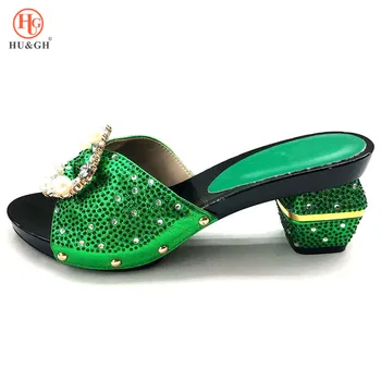 

New Green Color Women Slipper Elegant Italian Women Sandals Shoe for Party African Wedding High Heels Slipper Women Pumps Shoes