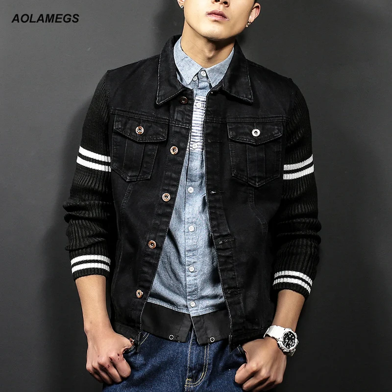 Aolamegs Denim Jacket Men Slim fit Vintage Black Jacket Coat Fashion ...