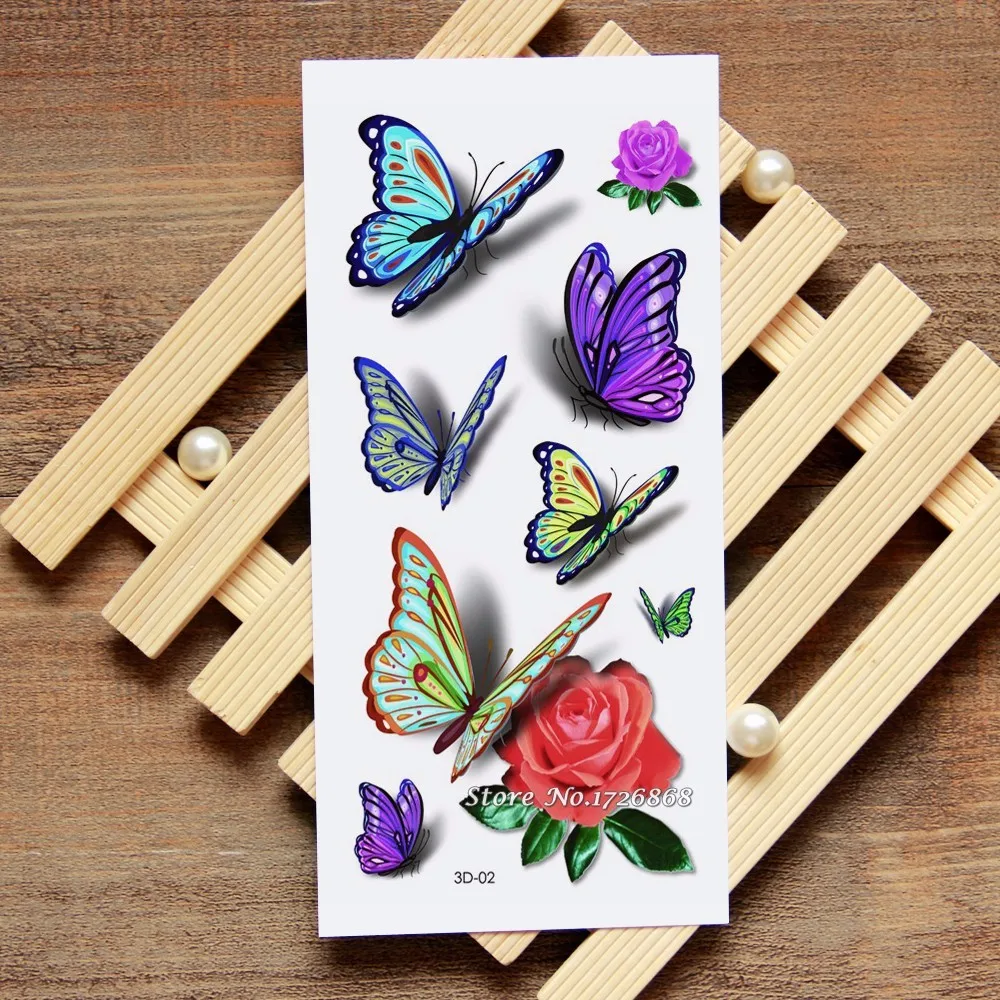 3D бабочка роза татуировки наклейки боди-арт наклейки Бабочка Роза водостойкая бумага временная татуировка #002
