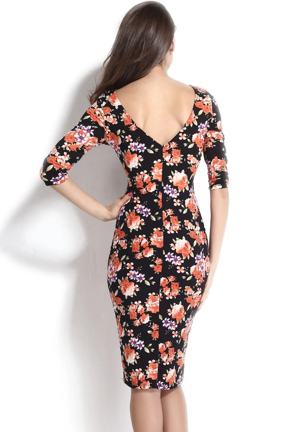 Black-V-Back-Half-Sleeves-Floral-Midi-Dress-LC6559-2-21237