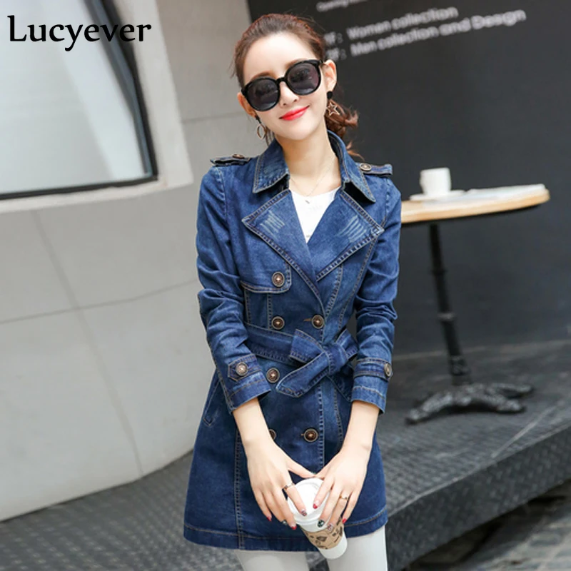 

Lucyever Plus Size Women Denim Trench Fashion Autumn Slim Korean Female Long Coat Long Sleeve Tunic Double Breasted Windbreaker