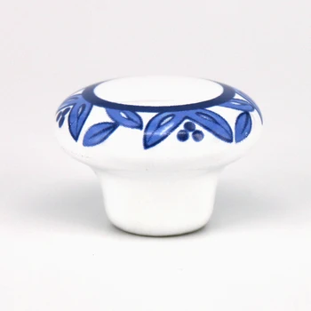 

12PCS Dia.38mm Single hole round Ceramic door knob Kitchen Furniture knob cabinet knob drawer knob with Blue Leaf print