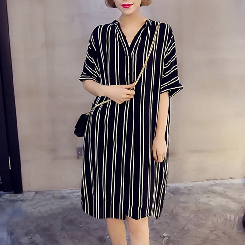 

2018 Short Sleeve Print Stripe Loose Dress Women V Neck Fashion Striped Dress Femme Vestidos