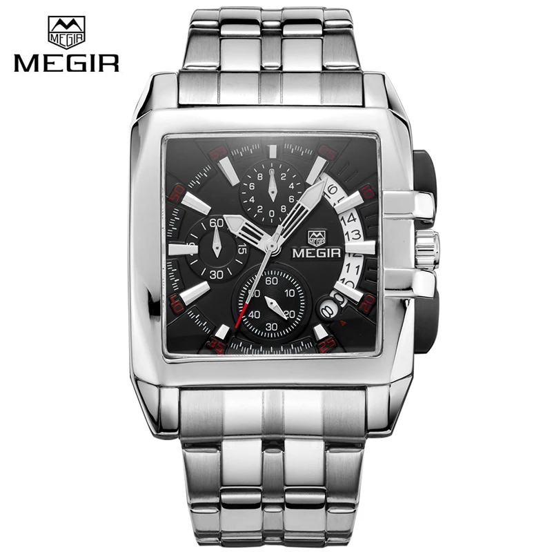 

MEGIR Mens Stainless Steel 6 Hands Chronograph Watch Watches Men Luxury Brand Square Watch Business Quartz-Watch Megir 2018