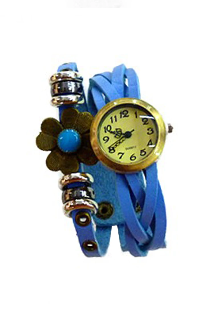 

YCYS-Women's Retro Weave Wrap Flower Faux Leather Bracelet Wrist Watch Sky Blue