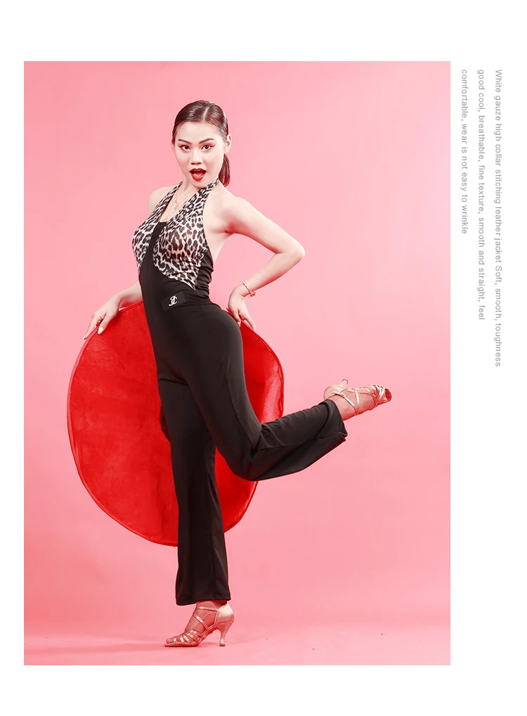 Latin Dance Leopard Stitching Jumpsuit Women Sexy Backless Sleeveless Rumba Cha Cha Samba Tango Performance Dancewear PY025