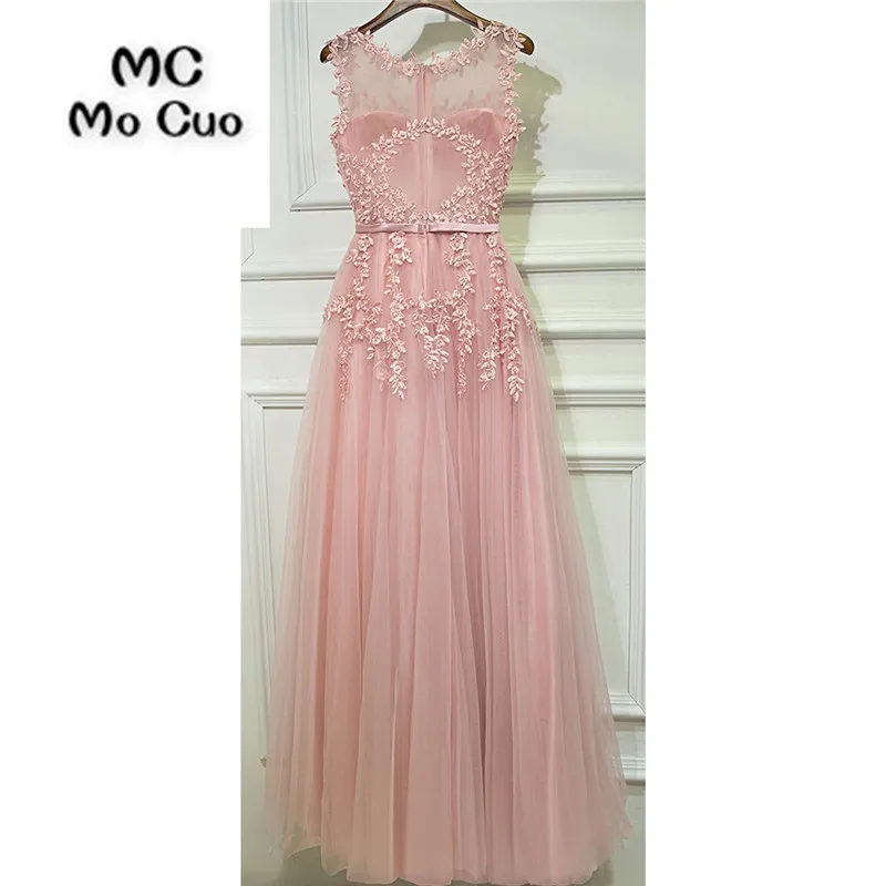 

2018 Blush Pink Prom Dresses Long with Appliques Pearls Floor Length Illusion Backless Formal Evening Party Dress for Women