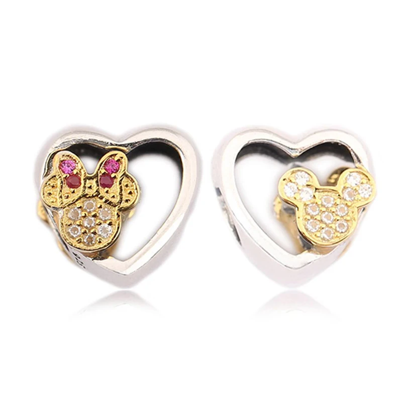 

Fits Bracelet Charm DIY Fem Party Gift Set with Zircon Pierced Gold Cartoon Mouse 925 Sterling Silver Beads