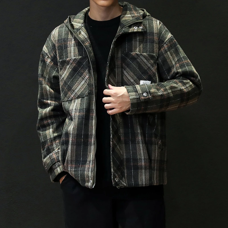 

Men's Plaid Trench 5XL 2019 Winter Woolen Hooded Coat Men Fashion Single Breasted Pea Jacket Male Overcoats Red Green 4XL #3015