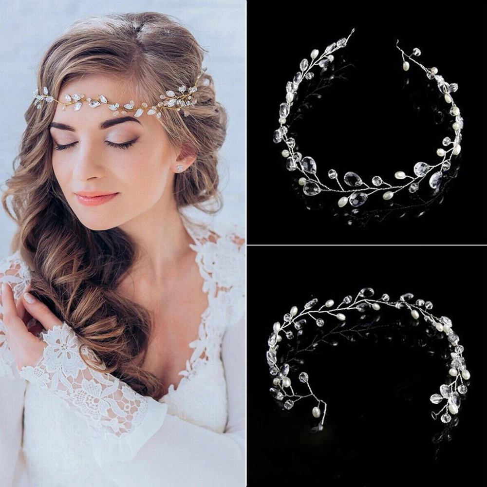 Crystal Pearl Tiaras Crown Flower Headband Bride Head Piece Wedding Hair Jewelry 