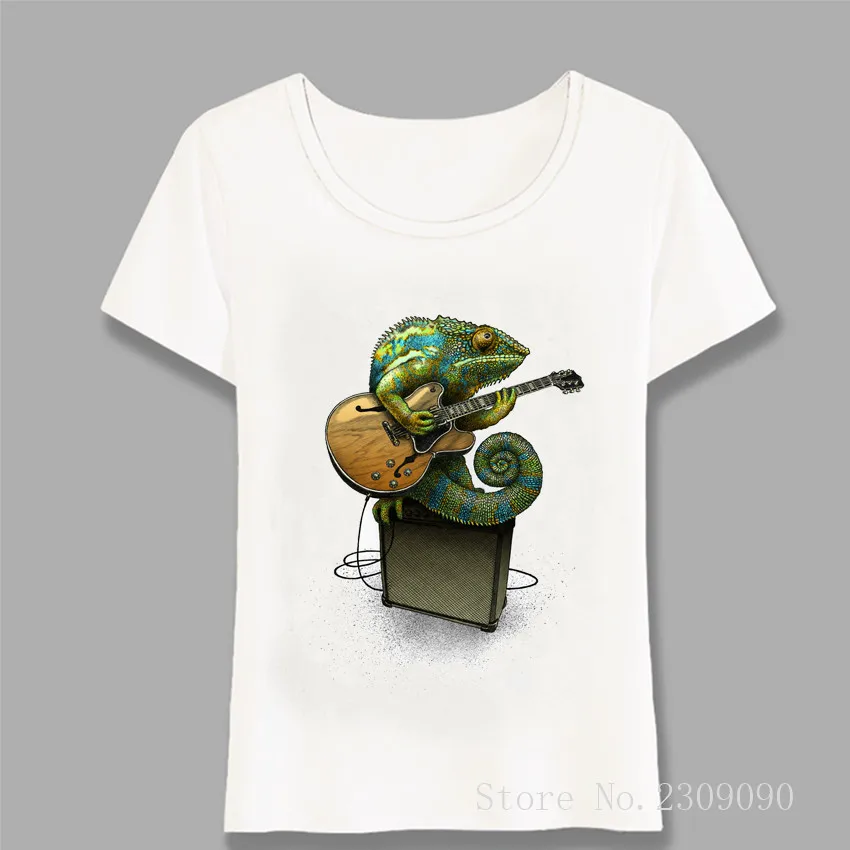

Fashion Women T Shirts Hipster Cool Chameleon Plays The Blue Print T-Shirt Funny Music Design Casual Tops Female Tee Harajuku