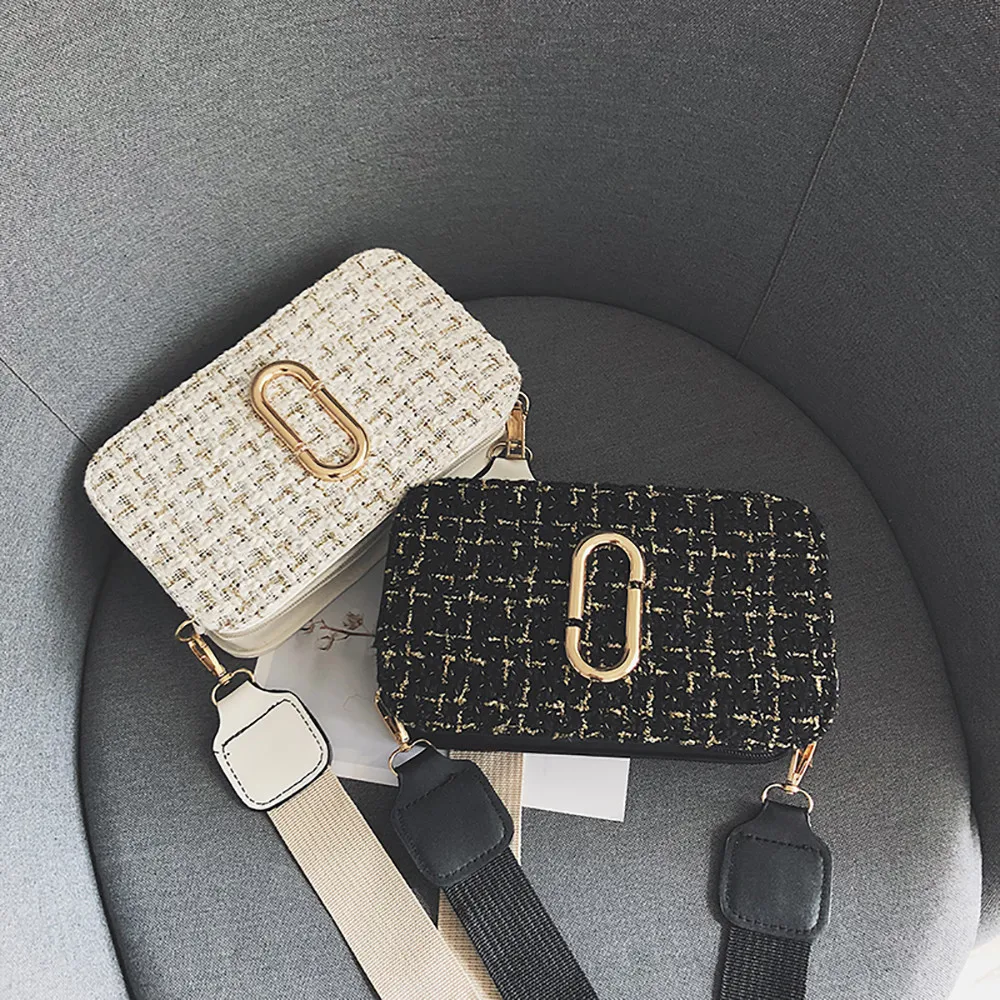 

Women Shoulder Bags 2018 New Woolen Plaid Small Square Bag Wide Shoulder Strap Wild Messenger Bag Phone Money Handbags